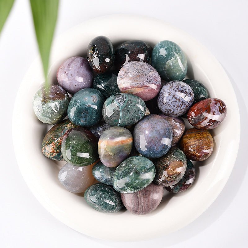 Moss Agate tumbled stone with dendritic inclusions for abundance