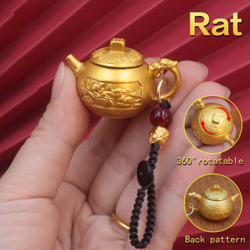 Personalized Rat Chinese Zodiac keychain with spinning teapot, a clever luck charm and fidget toy for quick wit and adaptability.