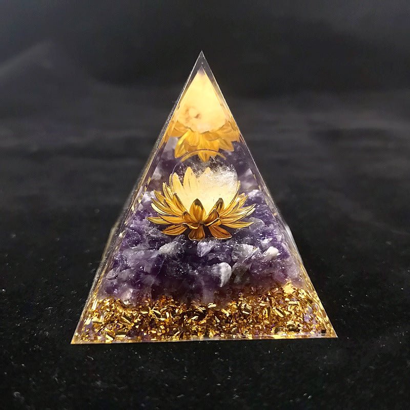 White sphere and amethyst crystal pyramid for clarity and spiritual connection.