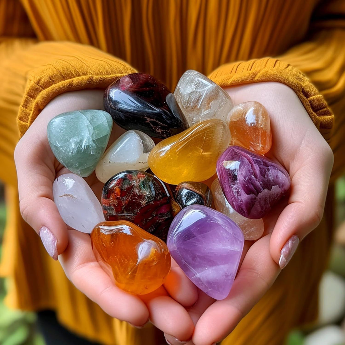 A complete set of polished crystal energy stones for aromatherapy, Reiki healing, and meditation practices.