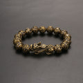 Pi Yao wealth bracelet for men with Om Mani Padme Hum and brass mala beads for protection.