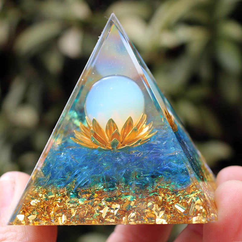 Opal sphere and lotus crystal pyramid for inspiration, creativity, and gentle energy.