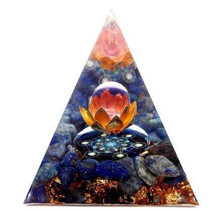 White lotus flower crystal pyramid with a sphere for purity and spiritual awakening.