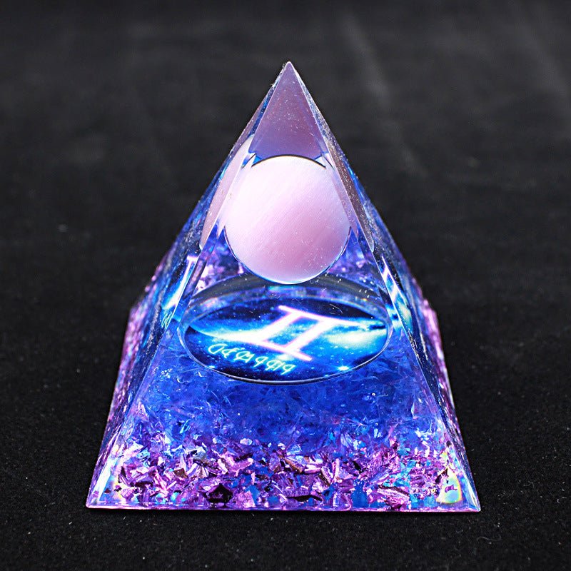 Gemini Zodiac Pyramid that glows in the dark, for enhancing communication, curiosity, and balancing the throat chakra.