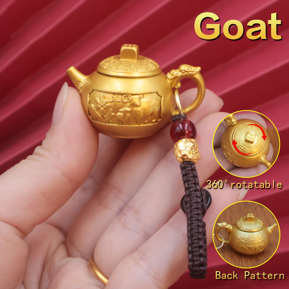 Personalized Goat Chinese Zodiac keychain, a creative spinning teapot luck charm for harmony, kindness, and artistic pursuits.