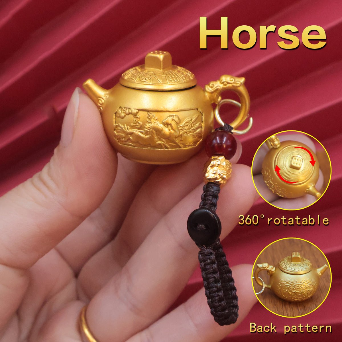 Personalized Horse Zodiac keychain with spinning teapot, a charm for freedom, success in travels, and boundless energy.