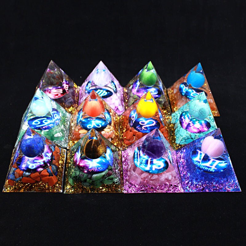 Complete set of 12 Glow in the Dark Zodiac Pyramids for chakra healing, desk, and car decoration.