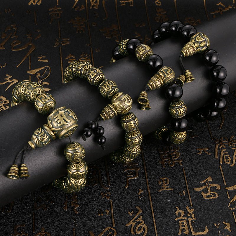 Om Mani Padme Hum mala bracelet made of antique brass and black obsidian