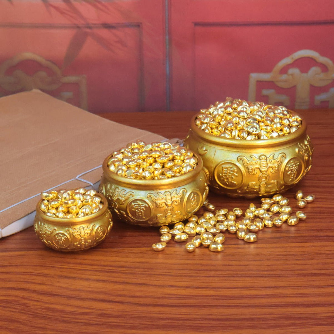 Solid Brass Feng Shui Wealth Bowl adorned with Double Fish and Gold Ingots, for attracting abundance and good fortune.