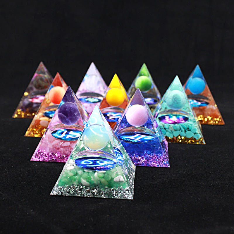 Complete set of 12 Glow in the Dark Zodiac Pyramids for chakra healing, desk, and car decoration.