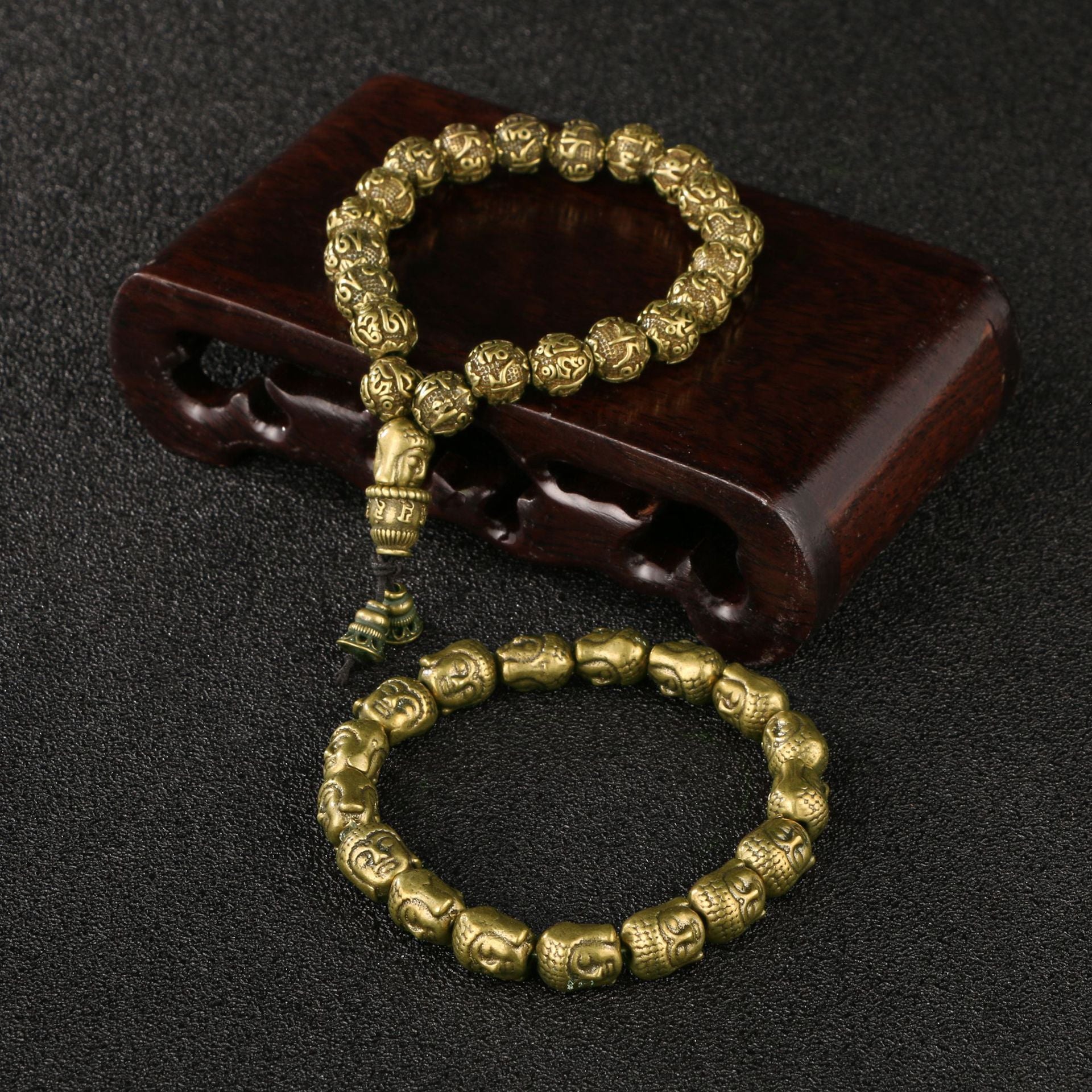 Amitabha Buddha bracelet in antique brass, featuring an adjustable design and sacred Sanskrit mantra for stacking.