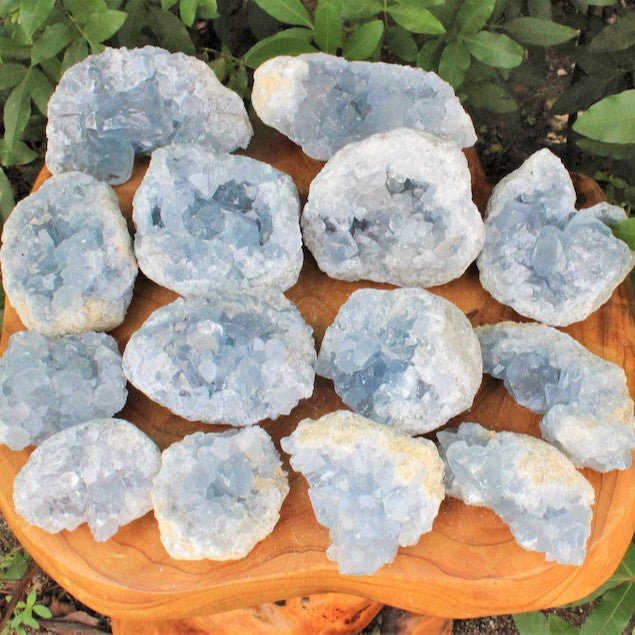 Connect to the angelic realm with this heavenly blue Celestite cluster, a stone for divine communication and peace.