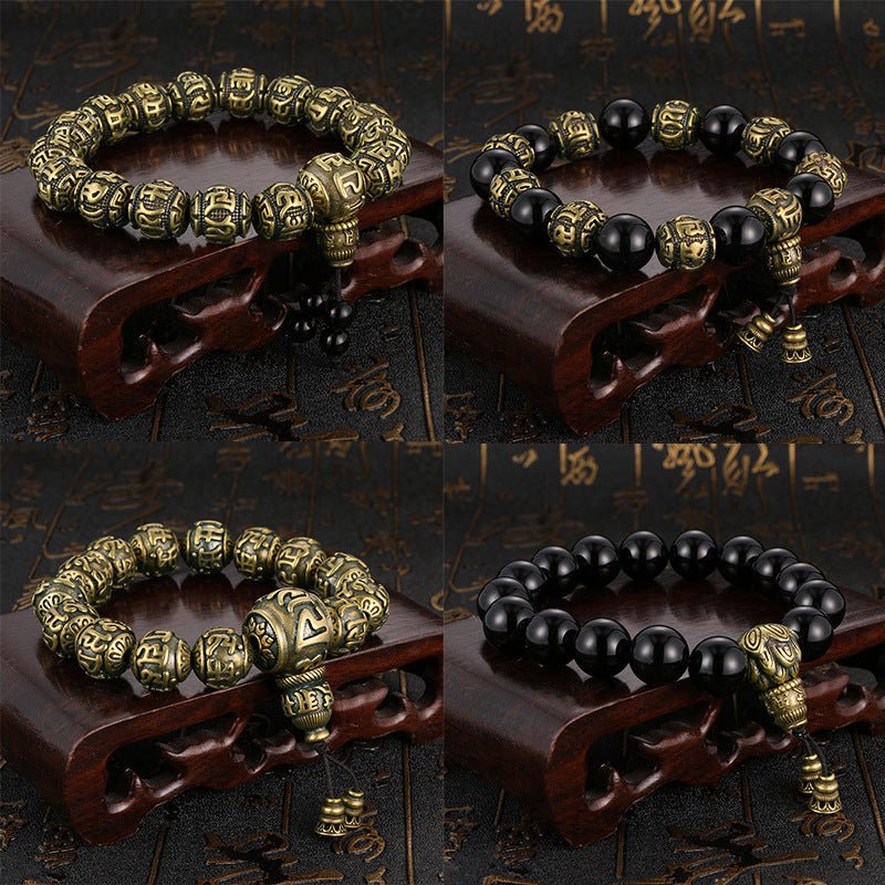 Om Mani Padme Hum mala bracelet made of antique brass and black obsidian