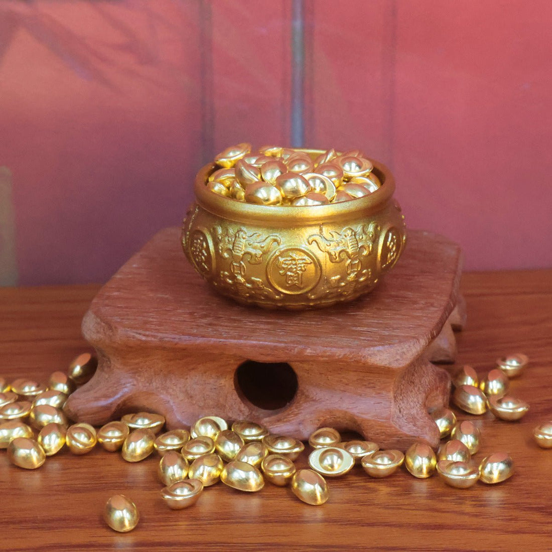 Solid Brass Feng Shui Wealth Bowl adorned with Double Fish and Gold Ingots, for attracting abundance and good fortune.