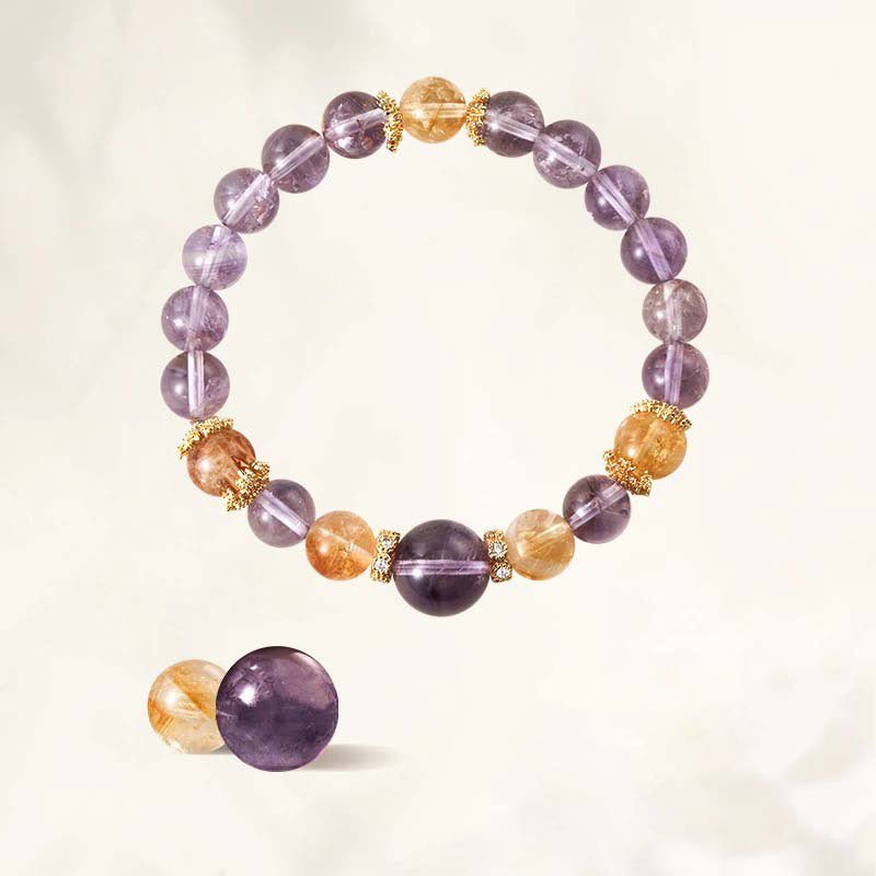 Amethyst and Citrine stacking bracelet worn on wrist, a natural crystal point accessory for wealth and intuition.