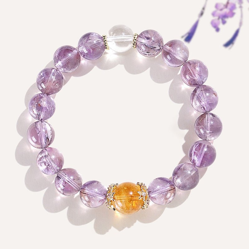 Purple Aura Quartz Bracelet with white crystal and yellow tower beads for chakra balancing and wealth manifestation.