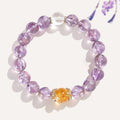 Chakra balancing and wealth manifestation bracelet featuring Purple Aura Quartz, white Howlite, and yellow Tiger's Eye tower beads.
