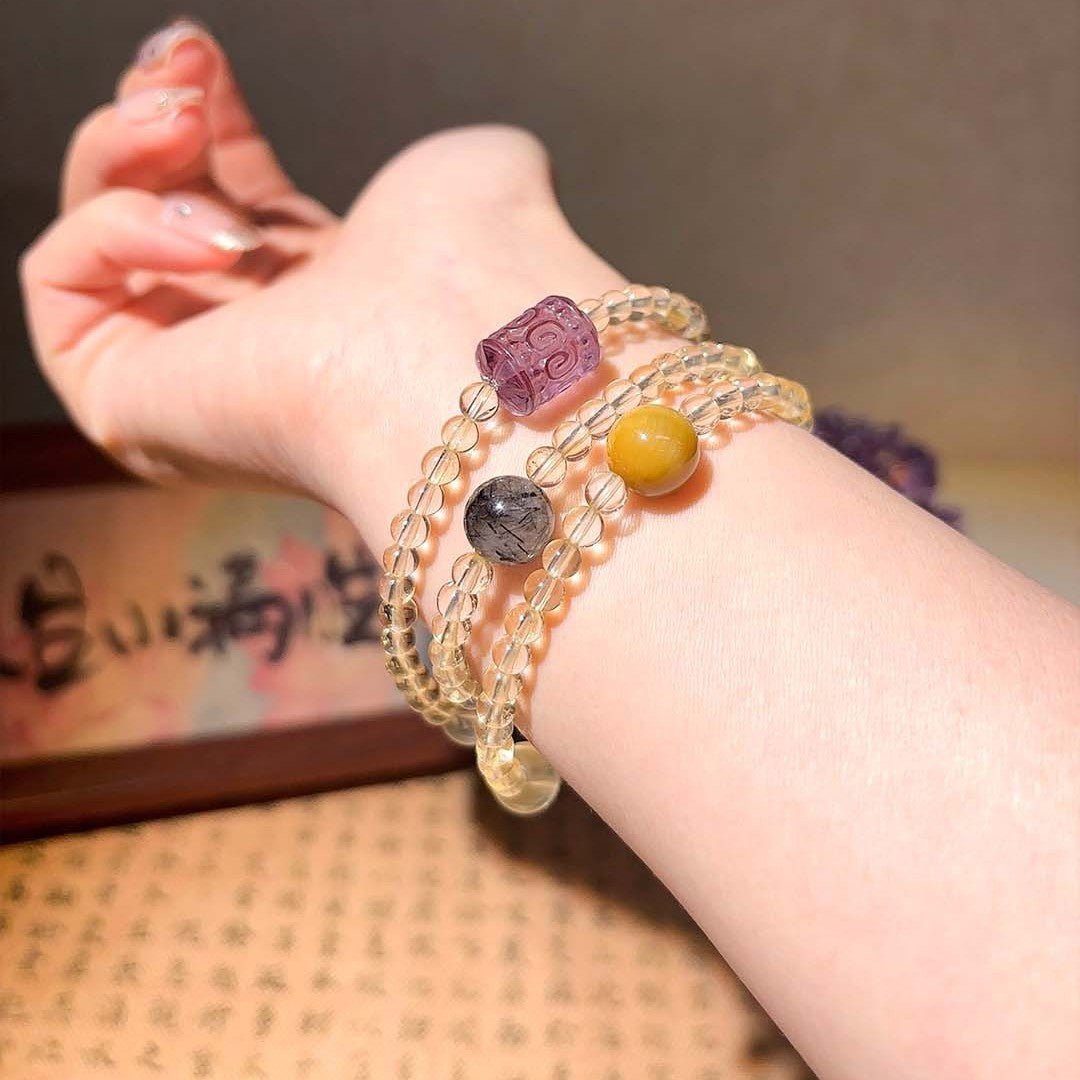 Yellow Aura Quartz choker necklace with Black Rutilated Quartz and Tiger's Eye for protection and attracting wealth.