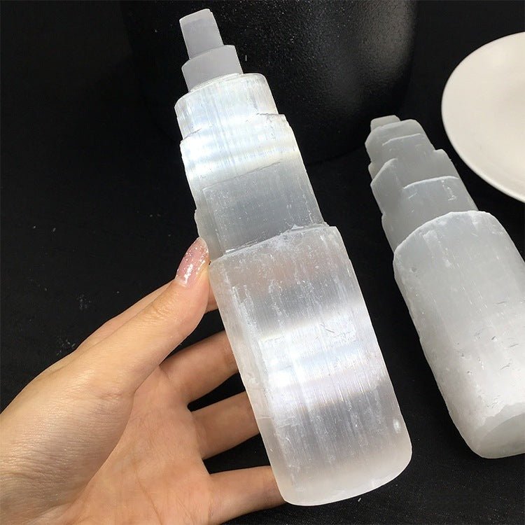 Natural Moroccan Selenite Light Tower, a self-cleansing energy obelisk for home purification and meditation.