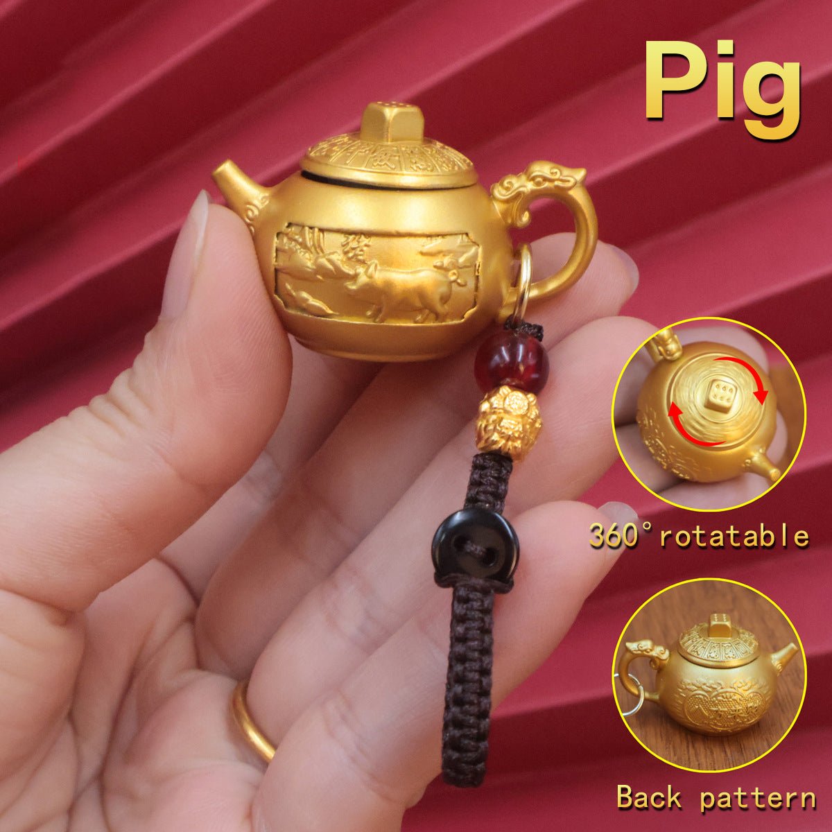 Personalized Pig Chinese Zodiac keychain, an honest spinning teapot luck charm for abundance, generosity, and good fortune.