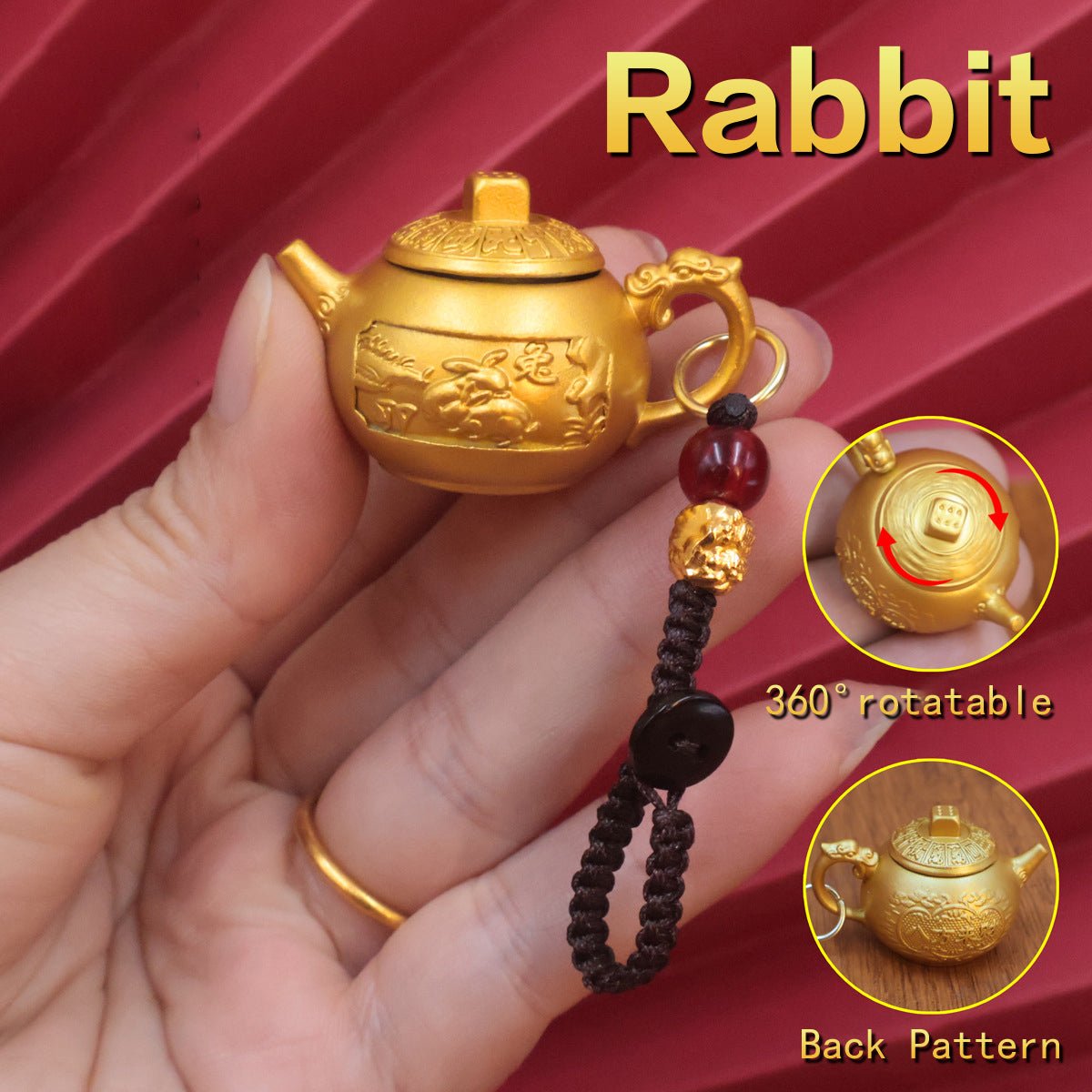 Personalized Rabbit Chinese Zodiac keychain, a gentle spinning teapot luck charm for peace, longevity, and good fortune.