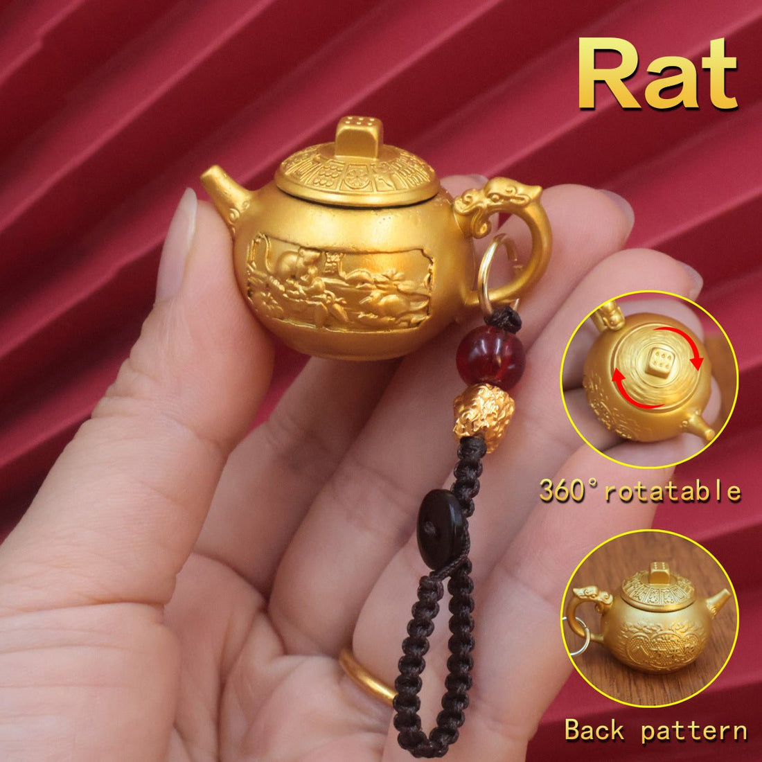 Personalized Rat Chinese Zodiac keychain with spinning teapot, a clever luck charm and fidget toy for quick wit and adaptability.