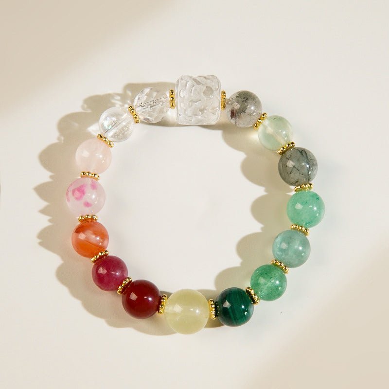 Powerful 7-in-1 crystal bracelet featuring Amethyst, Quartz, and more, a complete tool for energy alignment.