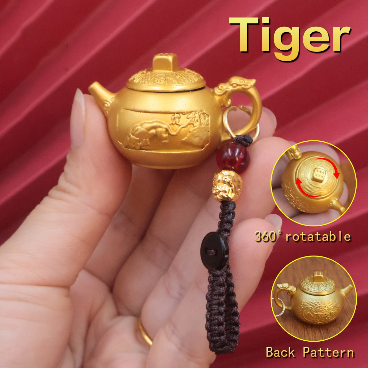 Personalized Tiger Zodiac keychain with spinning teapot, a brave charm and fidget toy for courage and powerful energy.