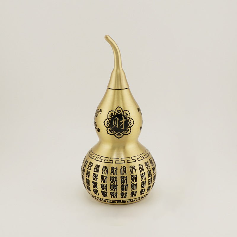 Large Feng Shui Brass Gourd ornament engraved with the Chinese blessings Fu, Lu, Shou, Xi, Cai for wealth and good fortune.