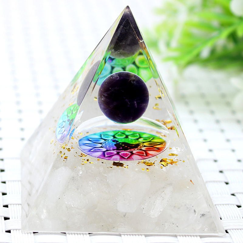 Purple sphere and white lotus crystal pyramid for spiritual harmony and peace.