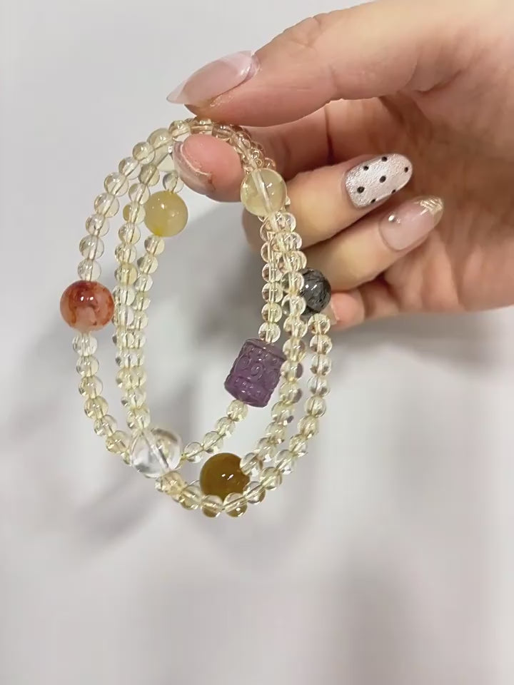 Yellow Aura Quartz choker necklace with Black Rutilated Quartz and Tiger's Eye for protection and attracting wealth.